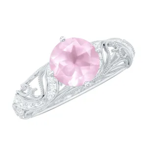 Solitaire Rose Quartz Vintage Inspired Engagement Ring with Diamond