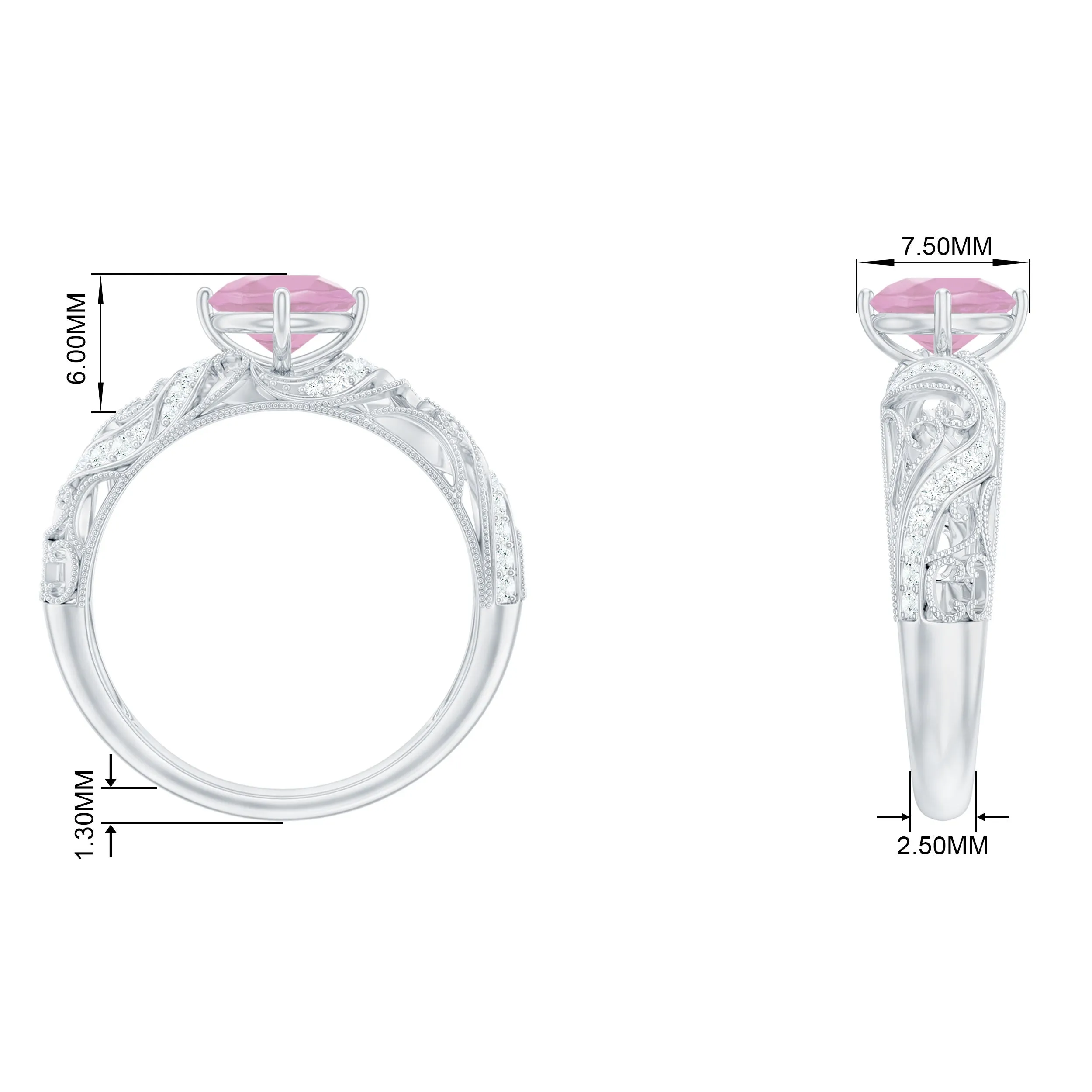 Solitaire Rose Quartz Vintage Inspired Engagement Ring with Diamond