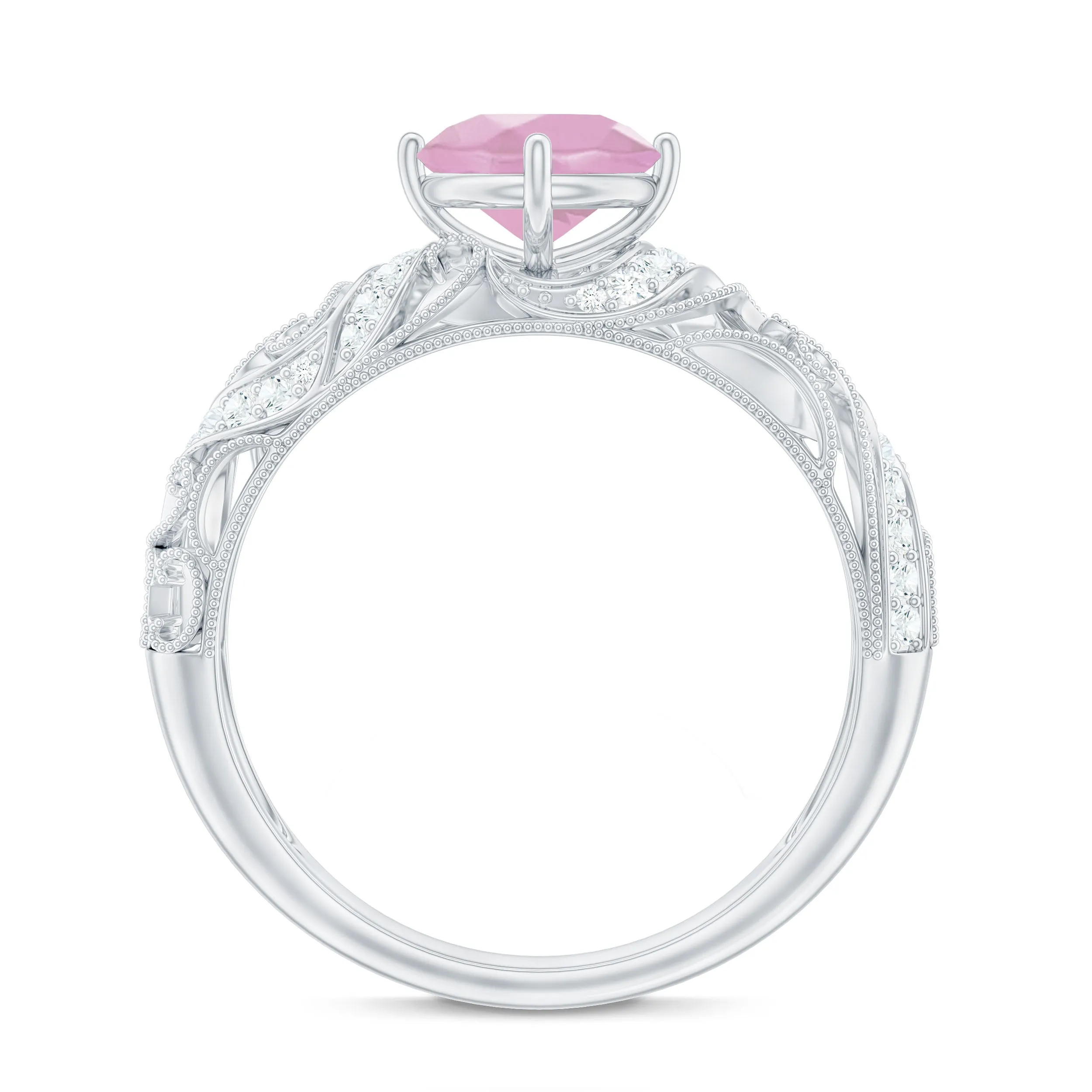 Solitaire Rose Quartz Vintage Inspired Engagement Ring with Diamond