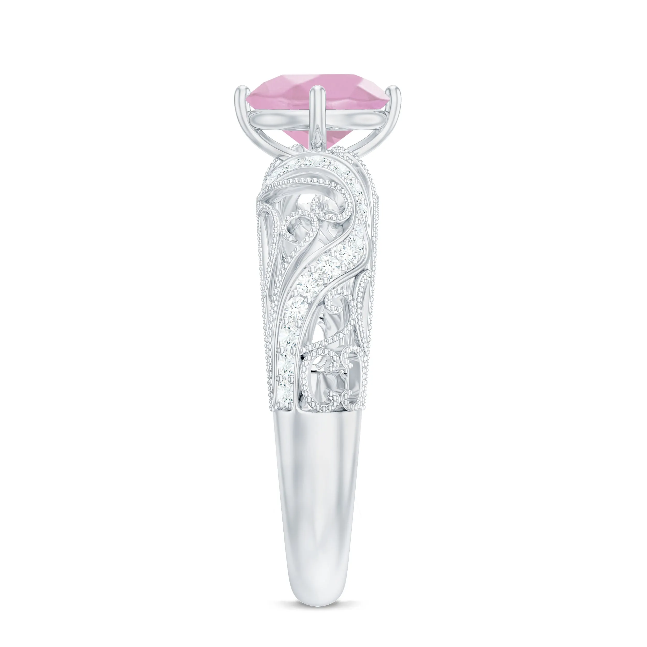Solitaire Rose Quartz Vintage Inspired Engagement Ring with Diamond