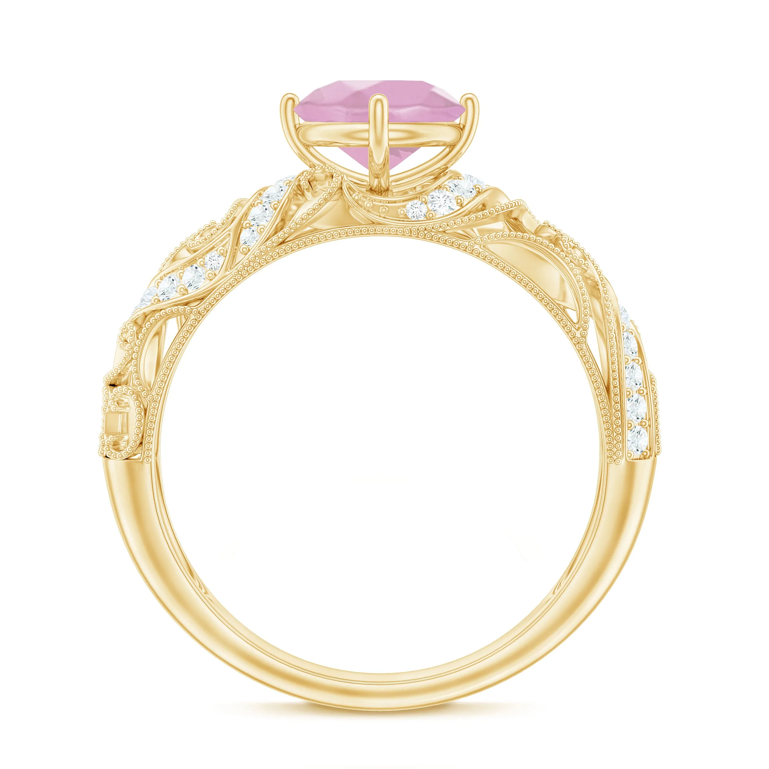 Solitaire Rose Quartz Vintage Inspired Engagement Ring with Diamond