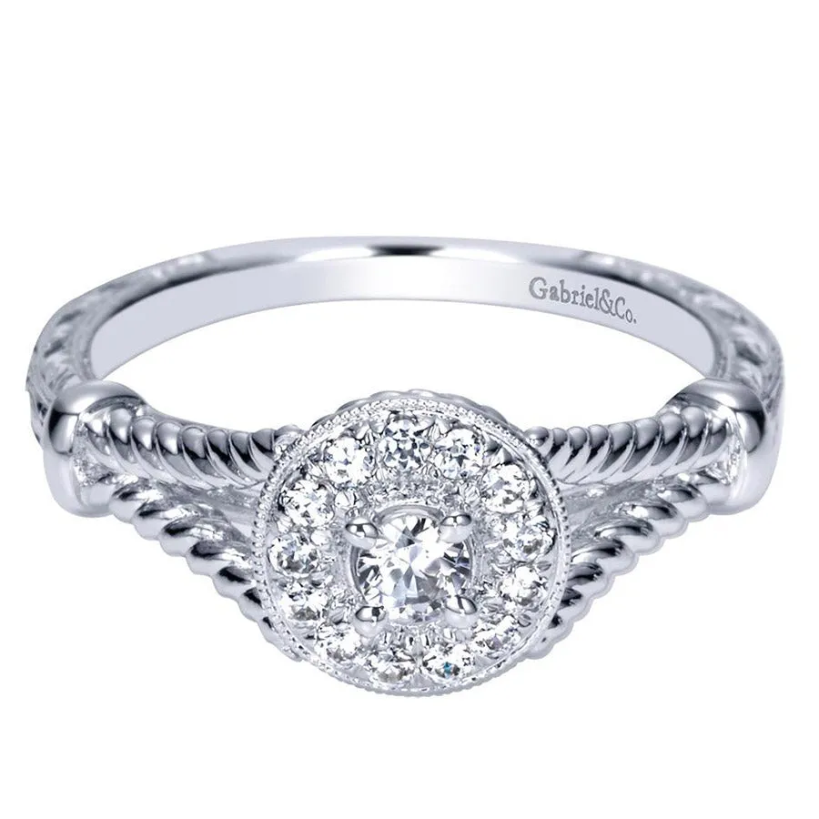 Split Rope Shank Diamond Halo Engagement Ring