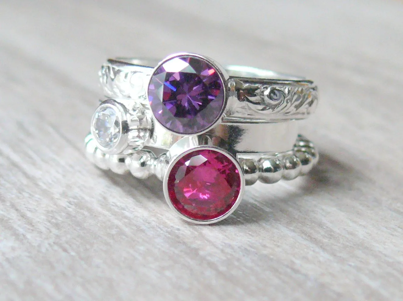 Stackable Mother's ring set • Sterling silver gemstone rings