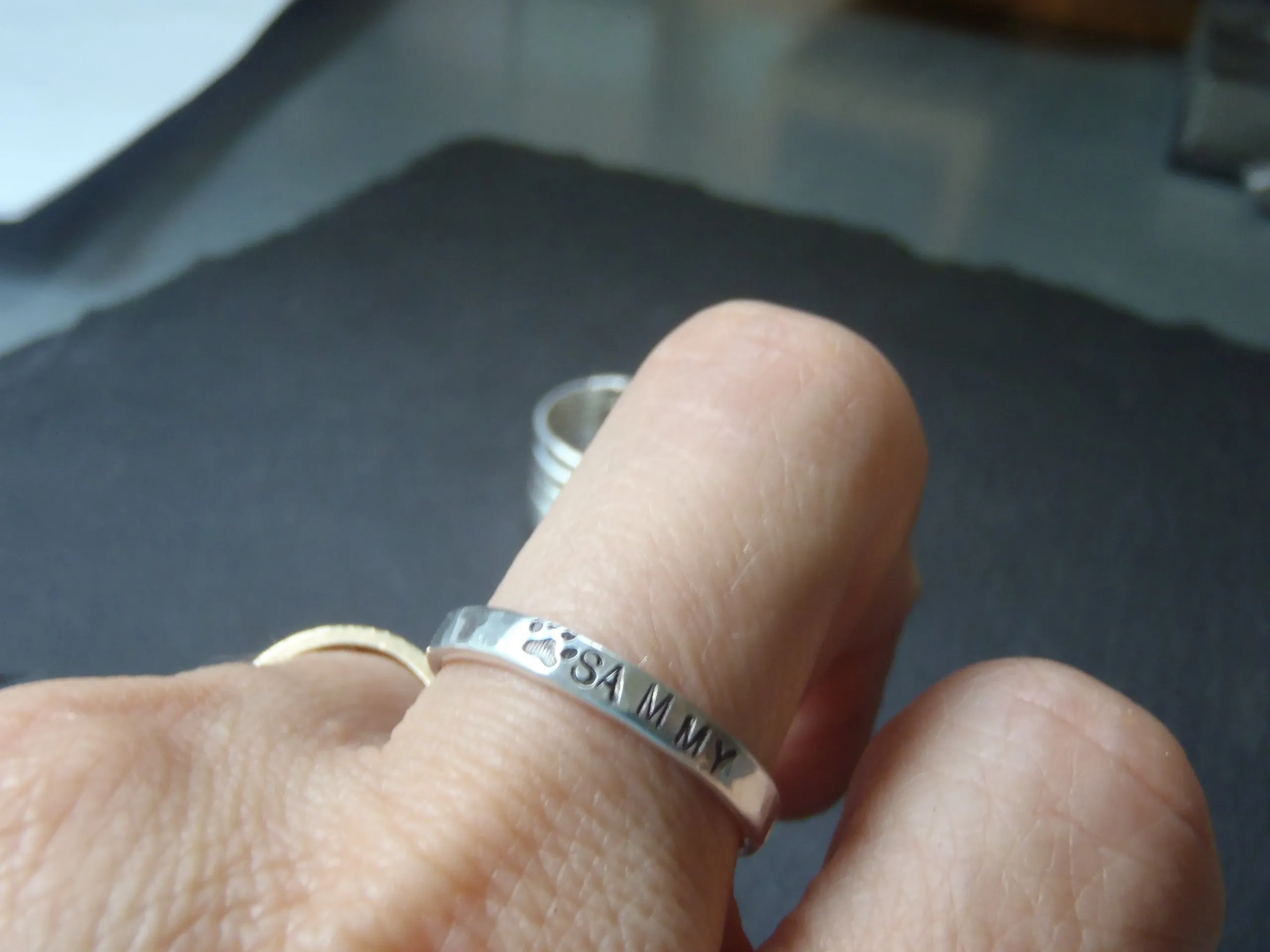 Stackable paw print sterling silver ring