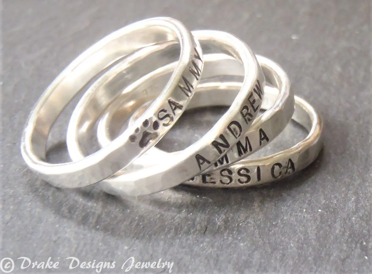 Stackable paw print sterling silver ring