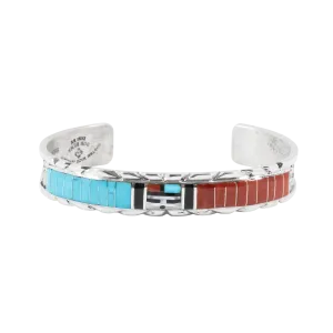 Sunface Inlay Bracelet with Coral, Onyx, Mother of Pearl, & Kingman Turquoise | Don Dewa