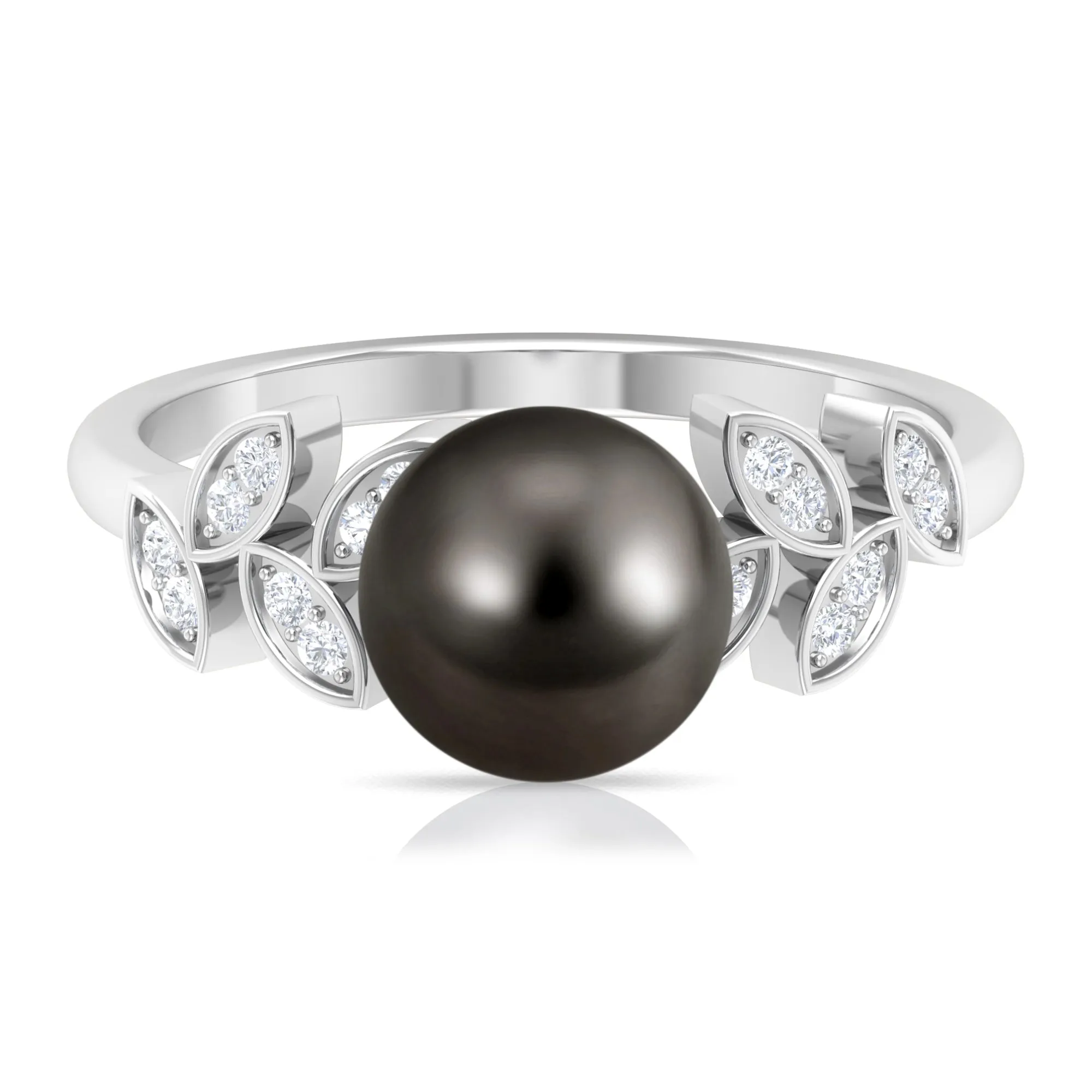 Tahitian Black Pearl and Diamond Leaf Minimal Engagement Ring