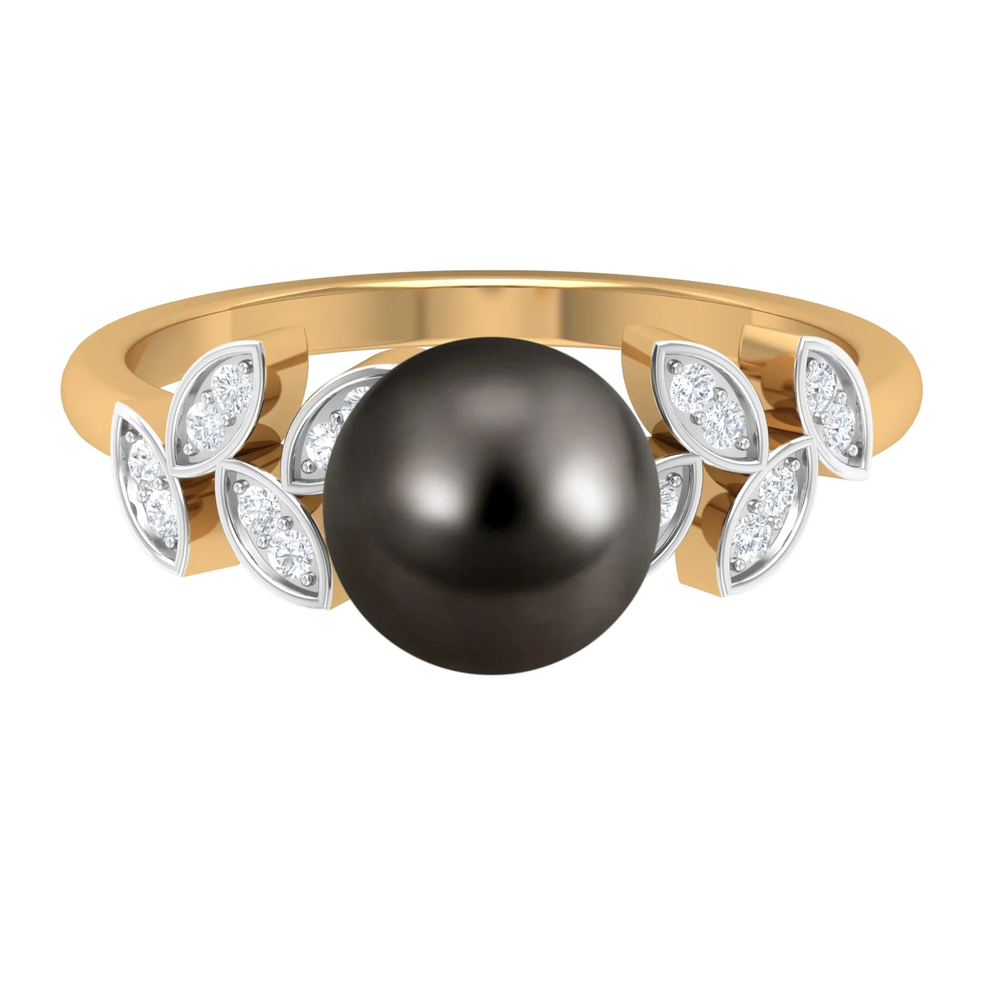 Tahitian Black Pearl and Diamond Leaf Minimal Engagement Ring