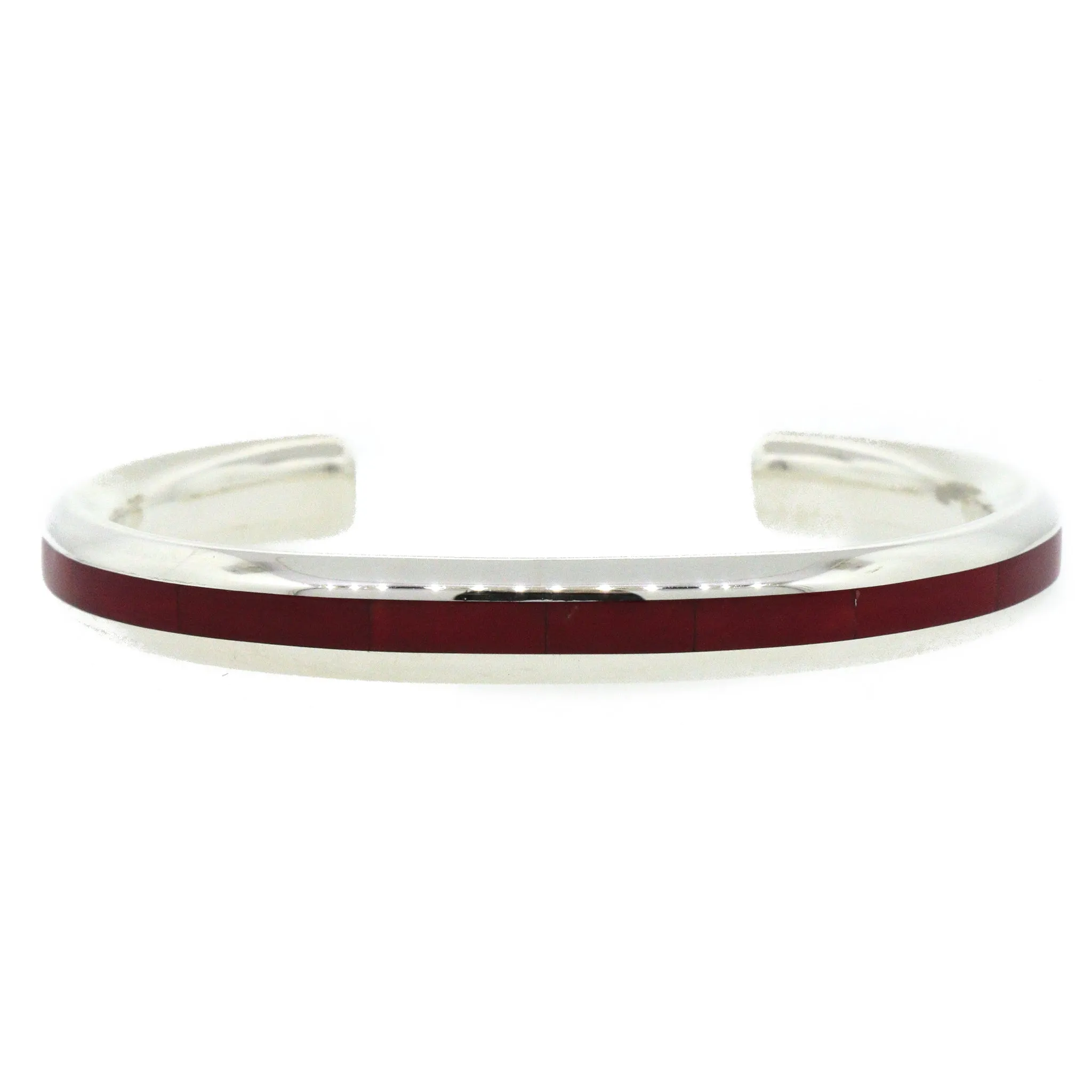 Troy Natachu Zuni Sterling Silver Inlaid Coral Solid Cuff Bracelet