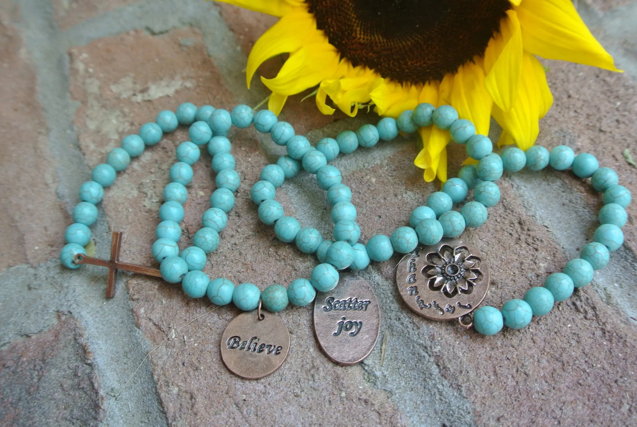 Turquoise beaded bracelet with Copper toned Believe Charm