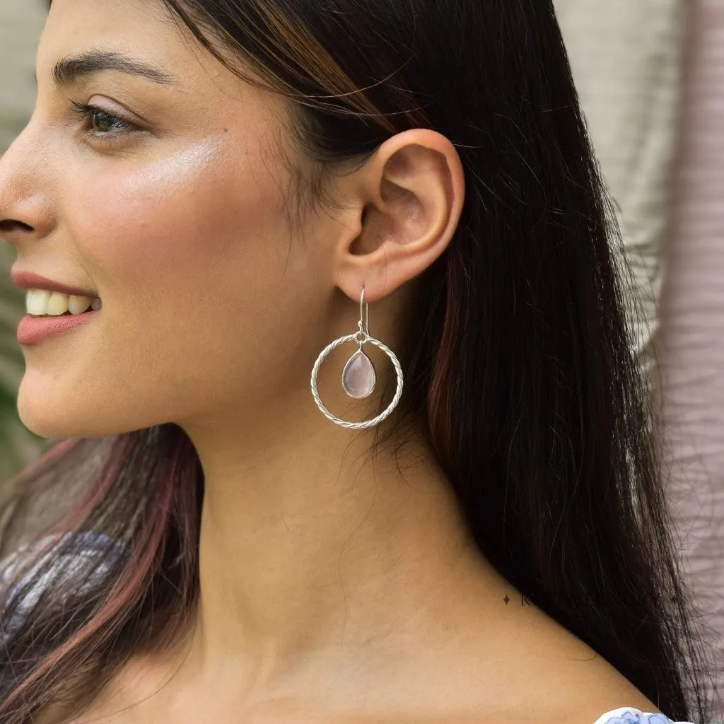 Twisted Pear - Rose Quartz Hoops Earrings