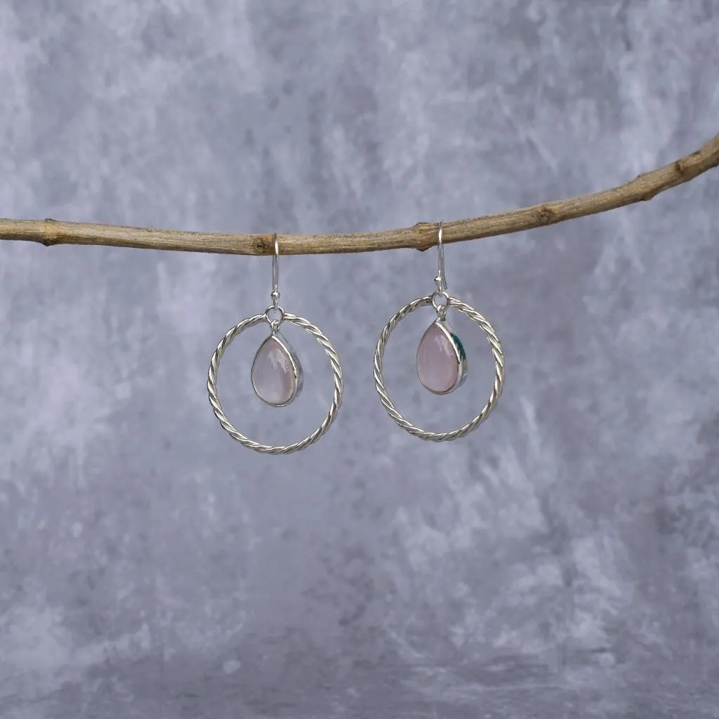 Twisted Pear - Rose Quartz Hoops Earrings