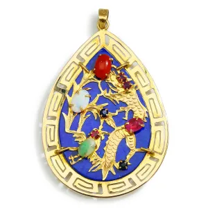 Vintage 18K Gold Dragon Teardrop Lapis Pendant Multi Jewel