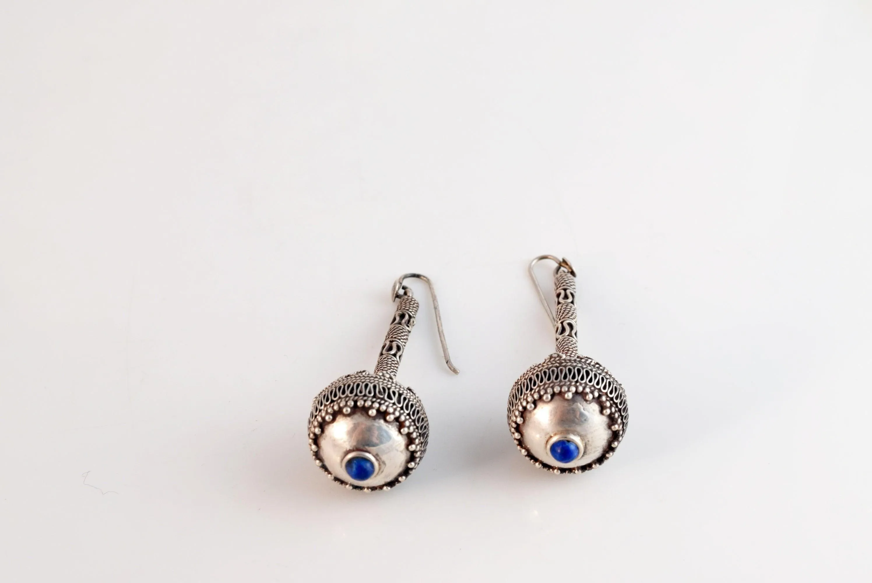 Vintage Afghani Silver and Lapis Lazuli Long Earrings