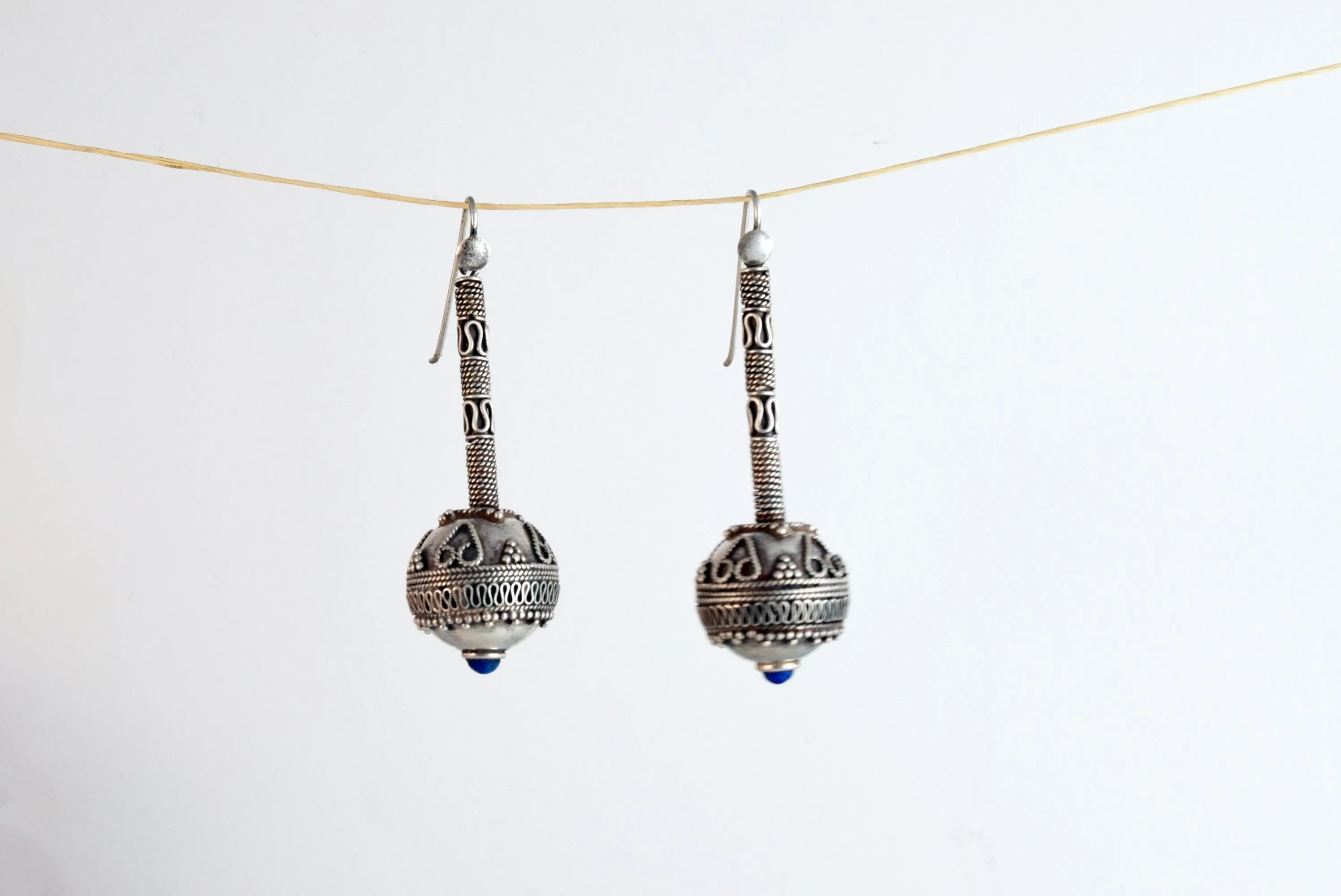 Vintage Afghani Silver and Lapis Lazuli Long Earrings