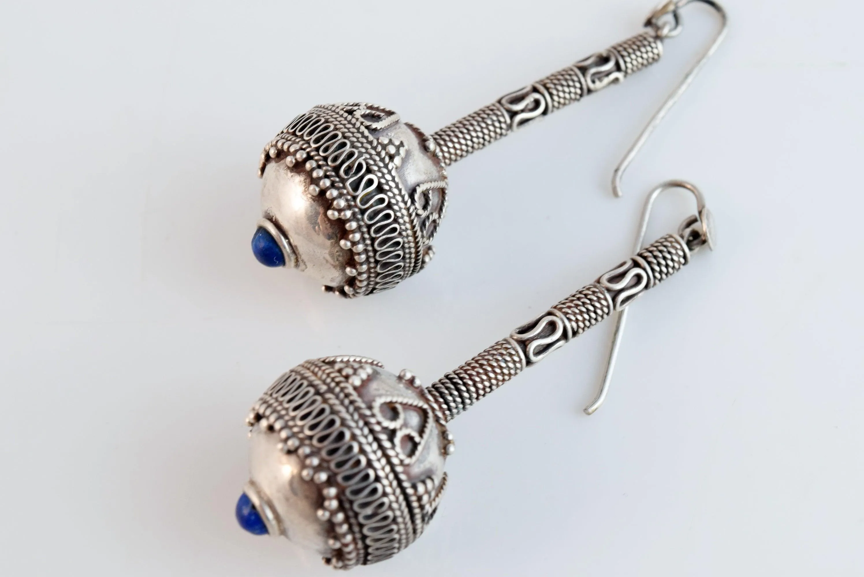 Vintage Afghani Silver and Lapis Lazuli Long Earrings