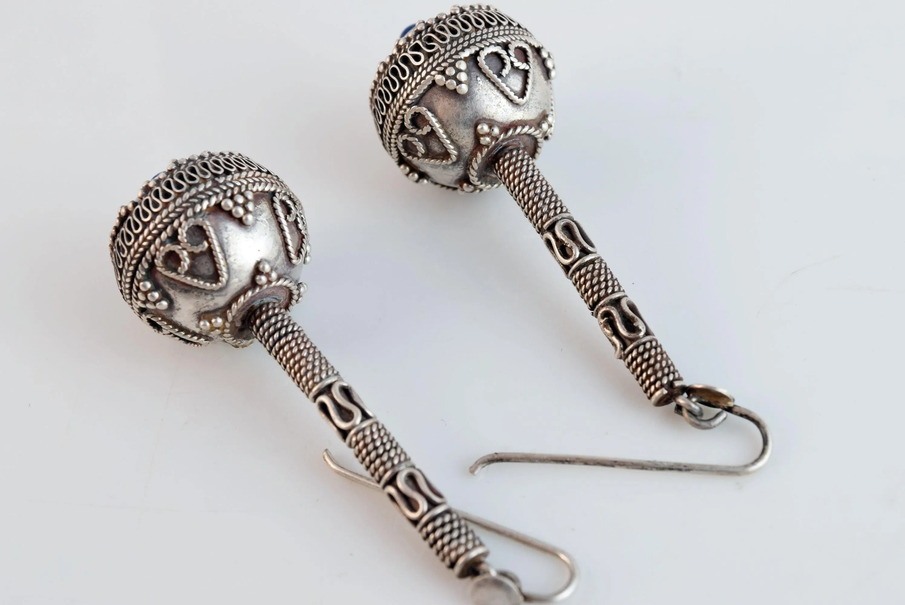 Vintage Afghani Silver and Lapis Lazuli Long Earrings