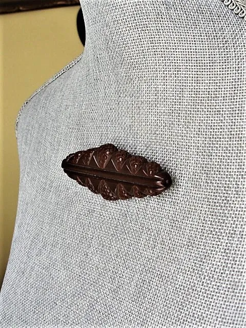VINTAGE Art Deco Bakelite Brooch, Chocolate Brown Large Pin ,Deeply Carved, Statement Brooch, Raised Geometric Abstract Design,Collectible Vintage Jewelry
