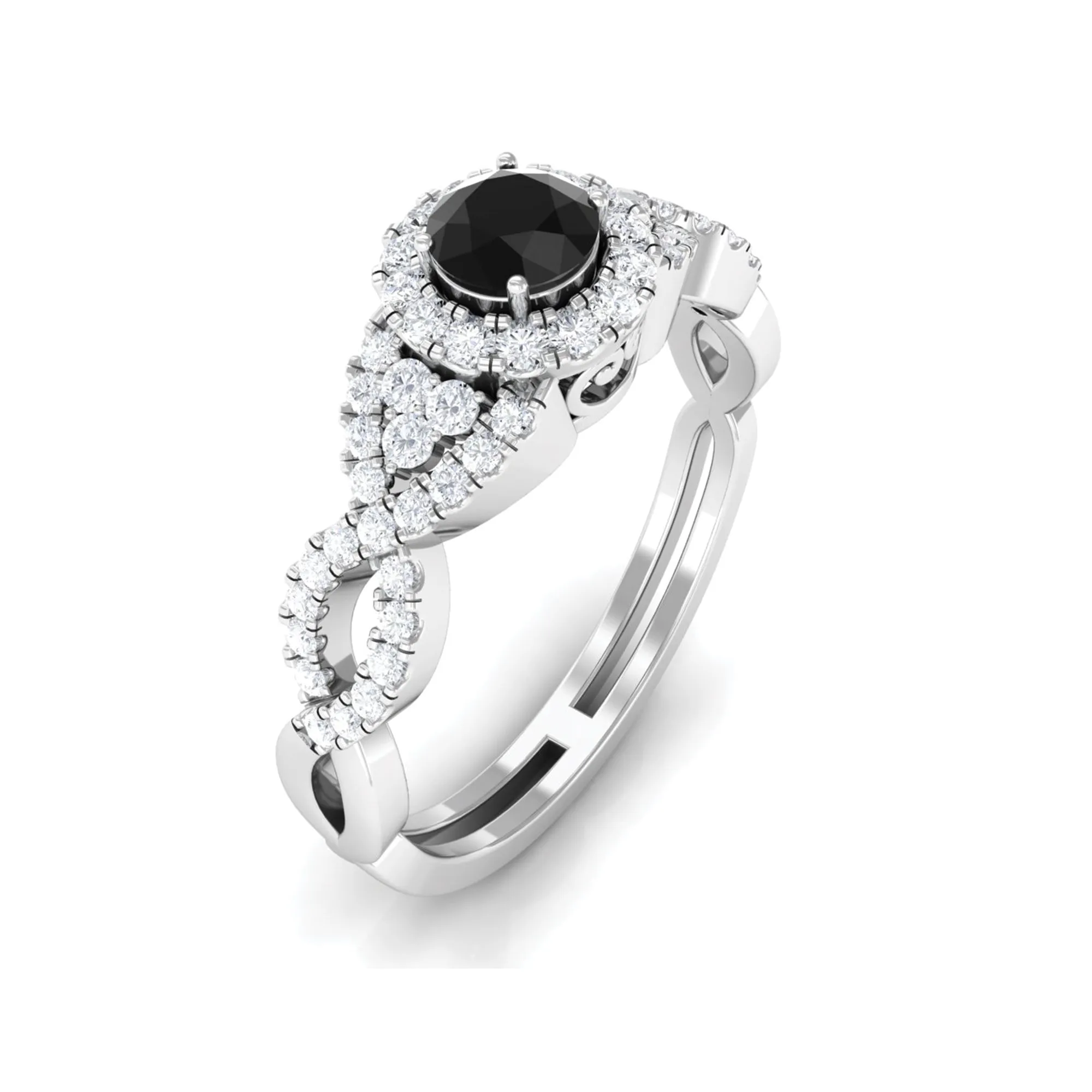 Vintage Crossover Engagement Ring with Created Black Diamond and Diamond
