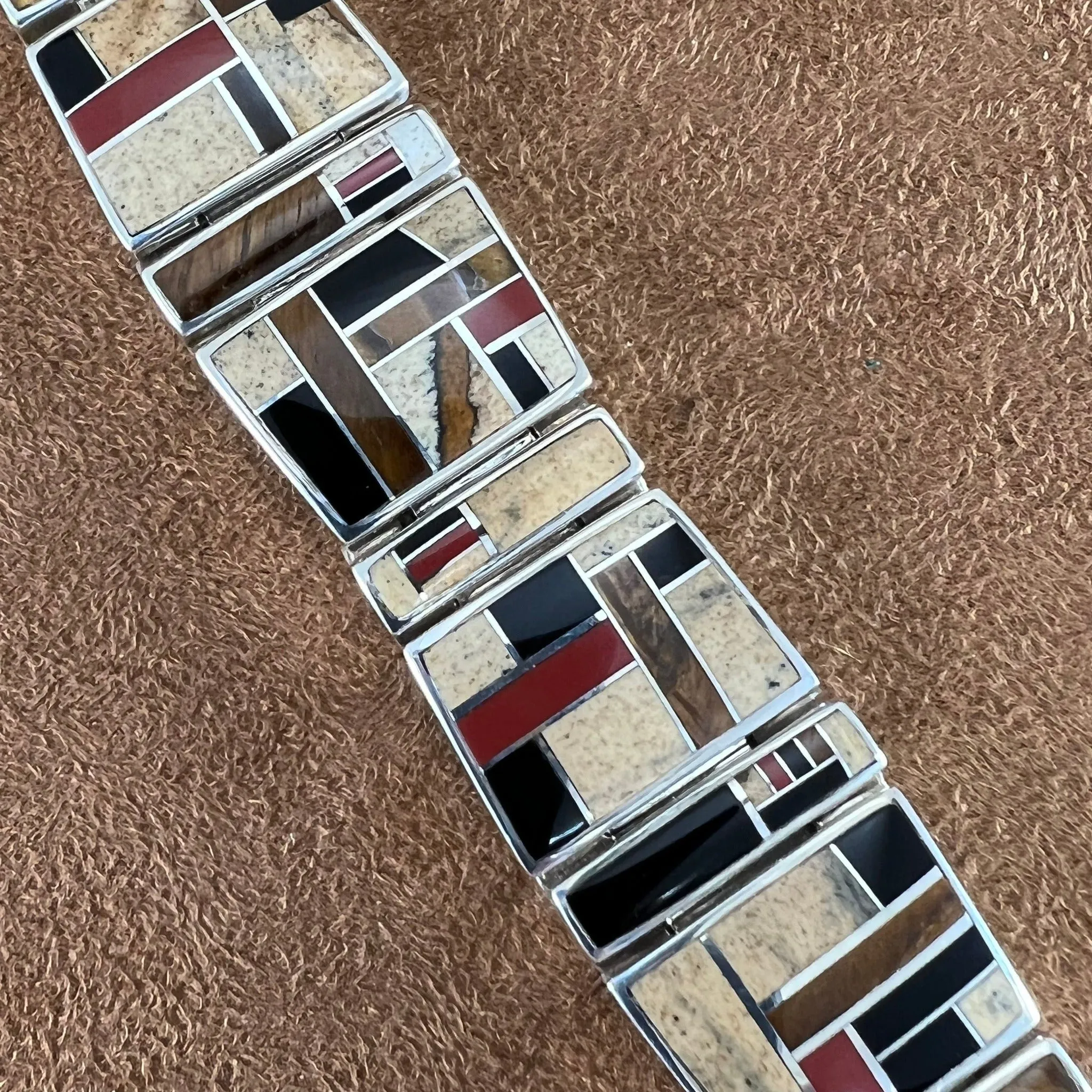 Vintage Inlaid Sterling Silver Bracelet Link by GL Miller - Estate Jewelry