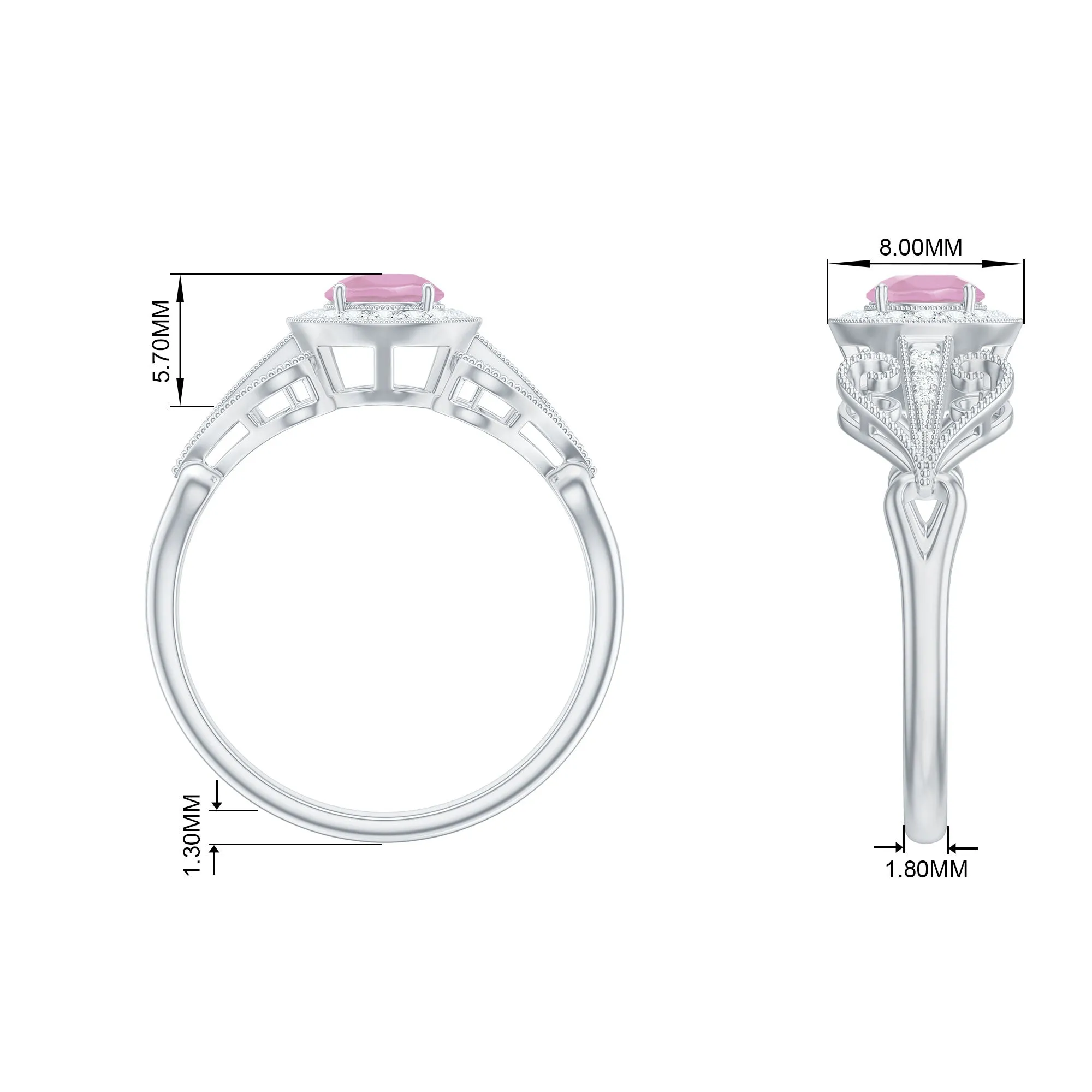 Vintage Rose Quartz Diamond Engagement Ring with Beaded Detail