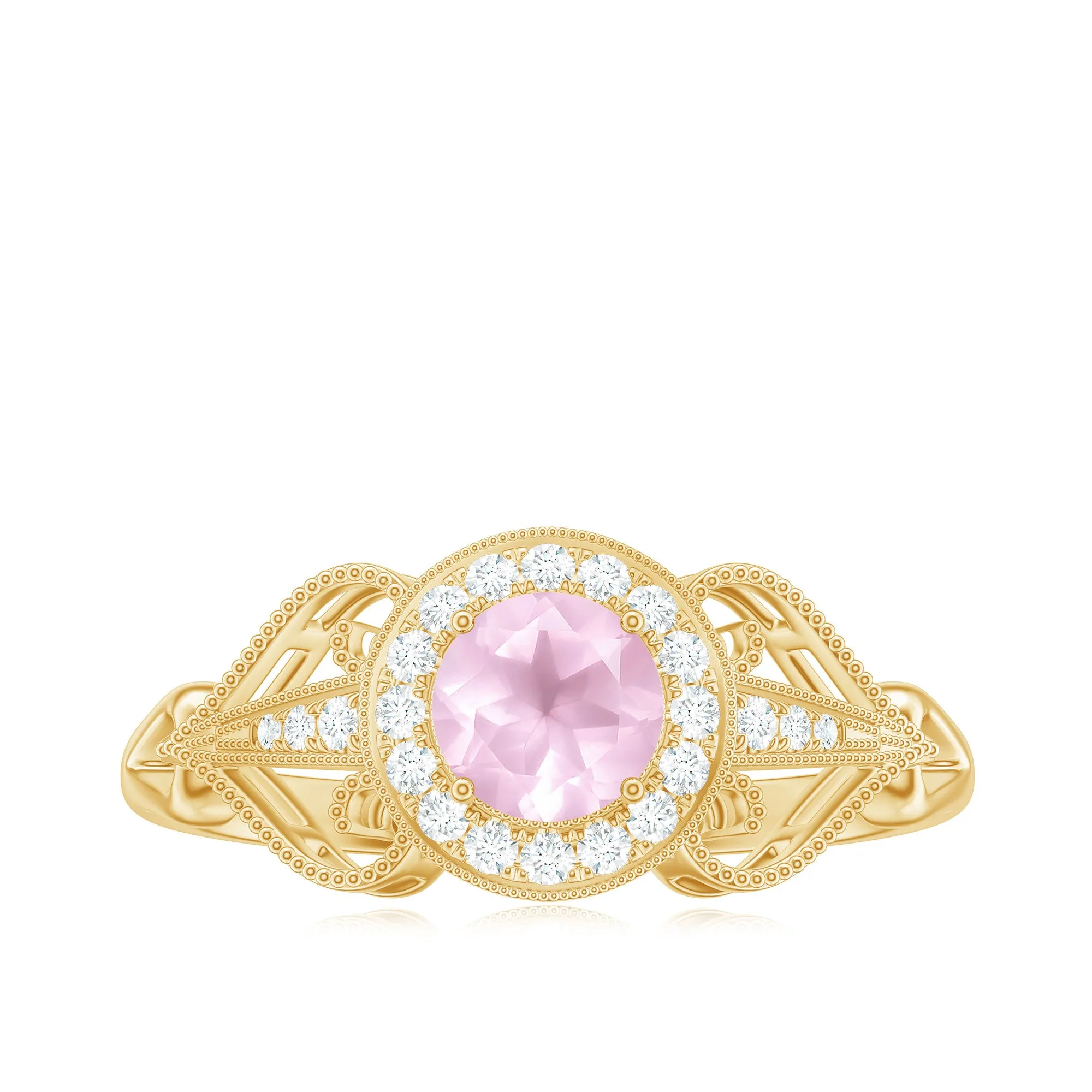 Vintage Rose Quartz Diamond Engagement Ring with Beaded Detail