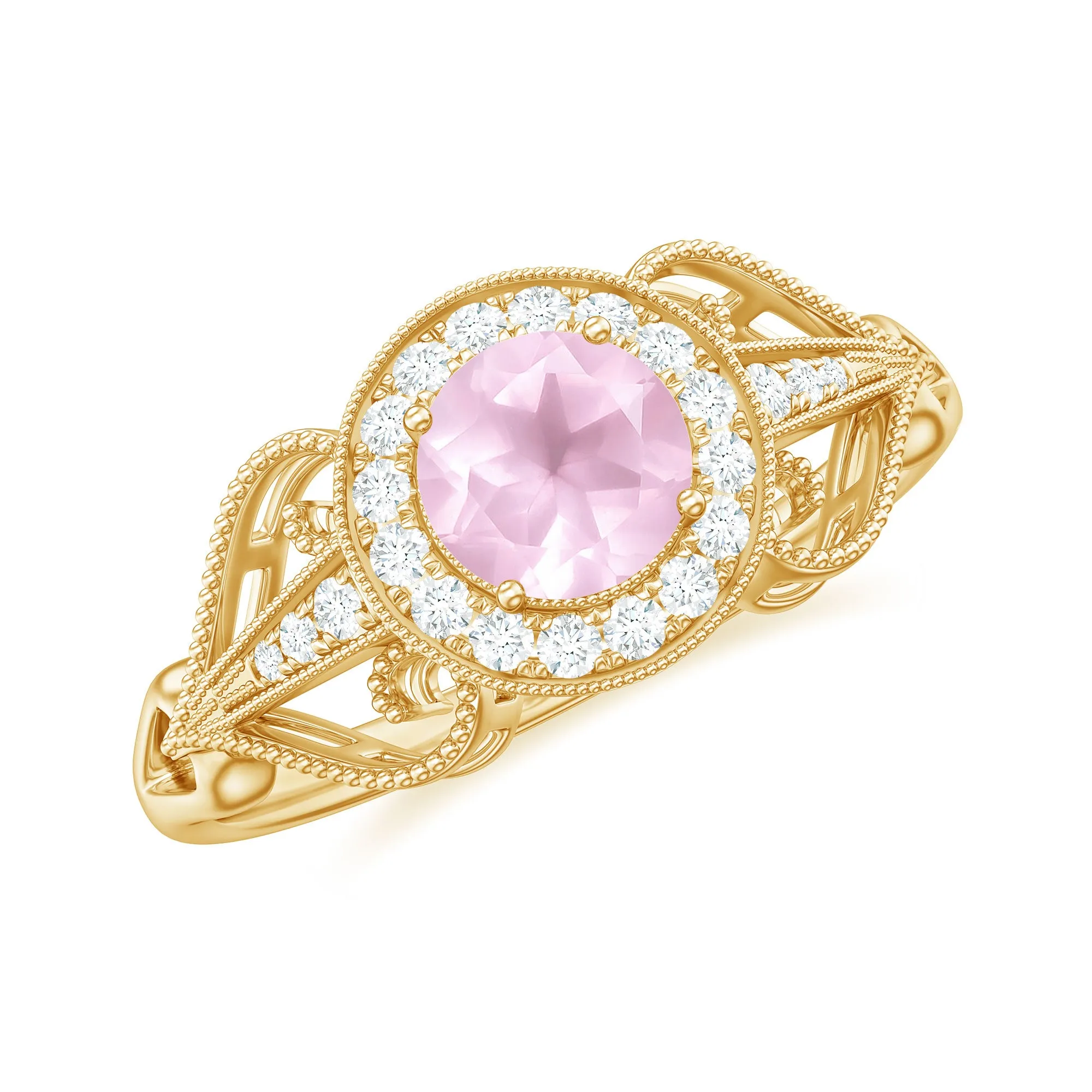 Vintage Rose Quartz Diamond Engagement Ring with Beaded Detail