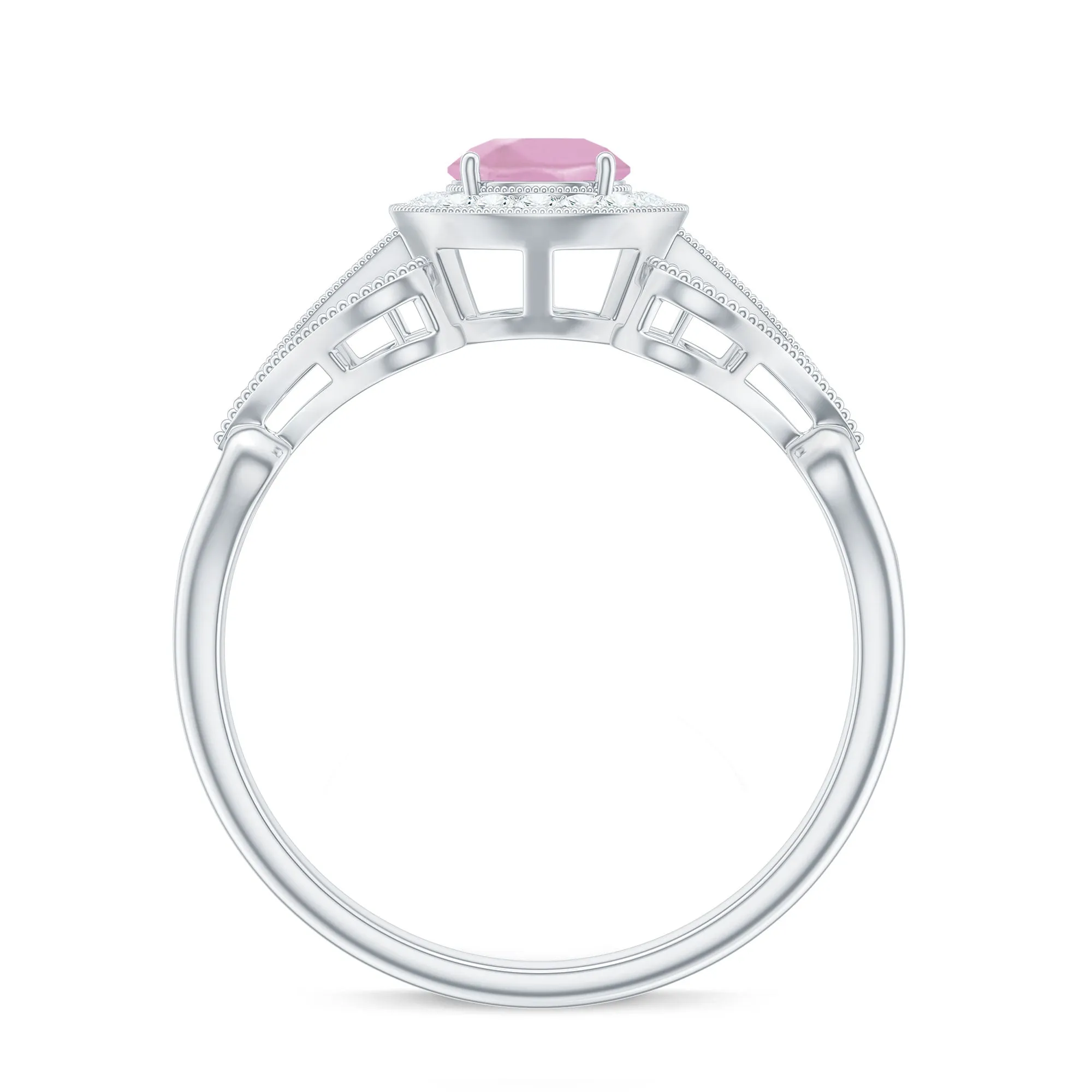 Vintage Rose Quartz Diamond Engagement Ring with Beaded Detail