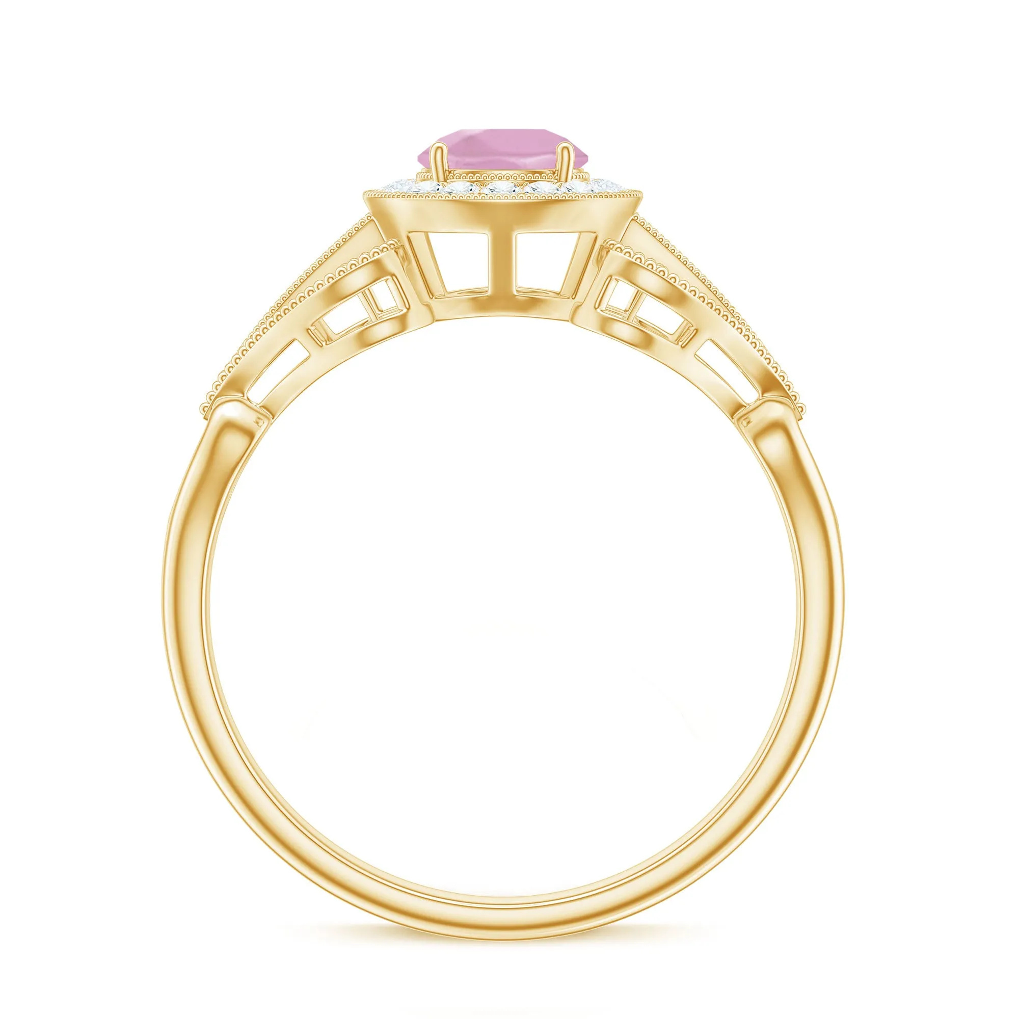 Vintage Rose Quartz Diamond Engagement Ring with Beaded Detail