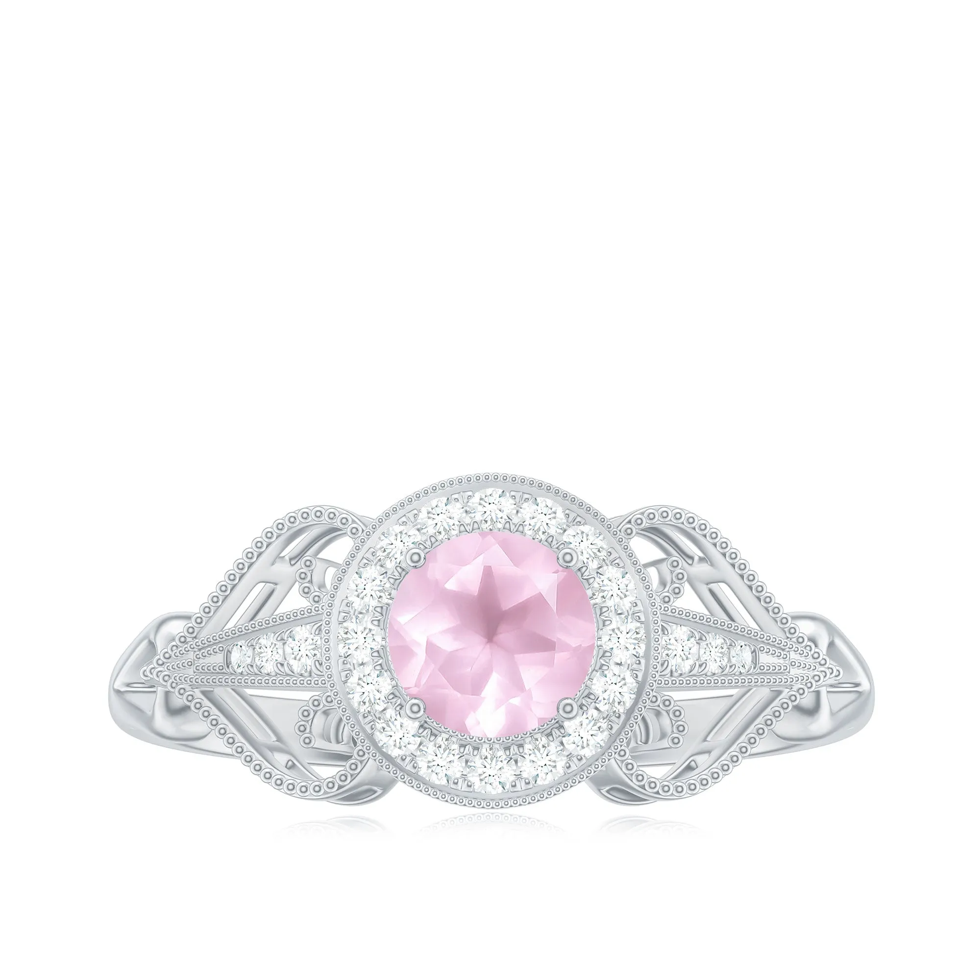 Vintage Rose Quartz Diamond Engagement Ring with Beaded Detail