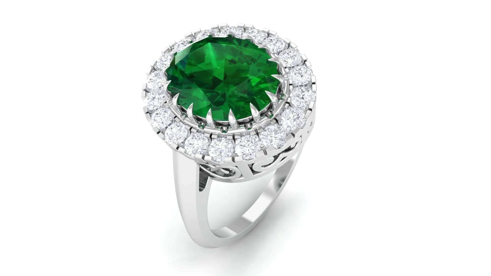 Vintage Style Lab Grown Emerald and Moissanite Halo Engagement Ring