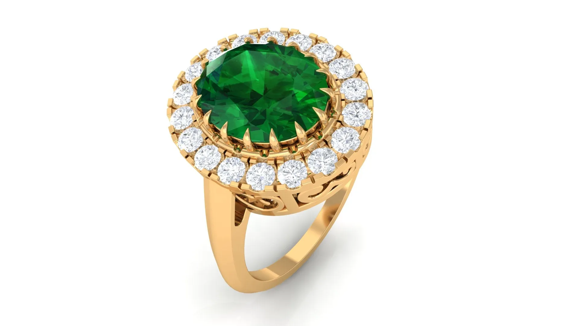 Vintage Style Lab Grown Emerald and Moissanite Halo Engagement Ring