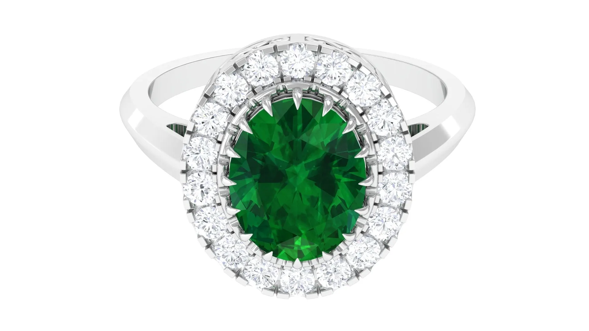 Vintage Style Lab Grown Emerald and Moissanite Halo Engagement Ring