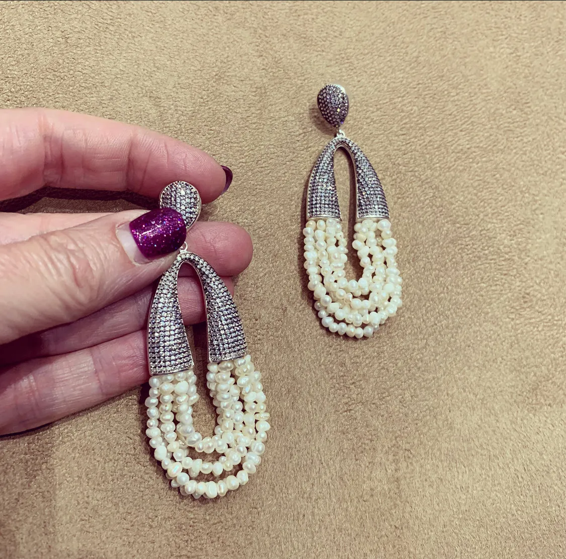 waterfall pearl and clear crystal pave earrings