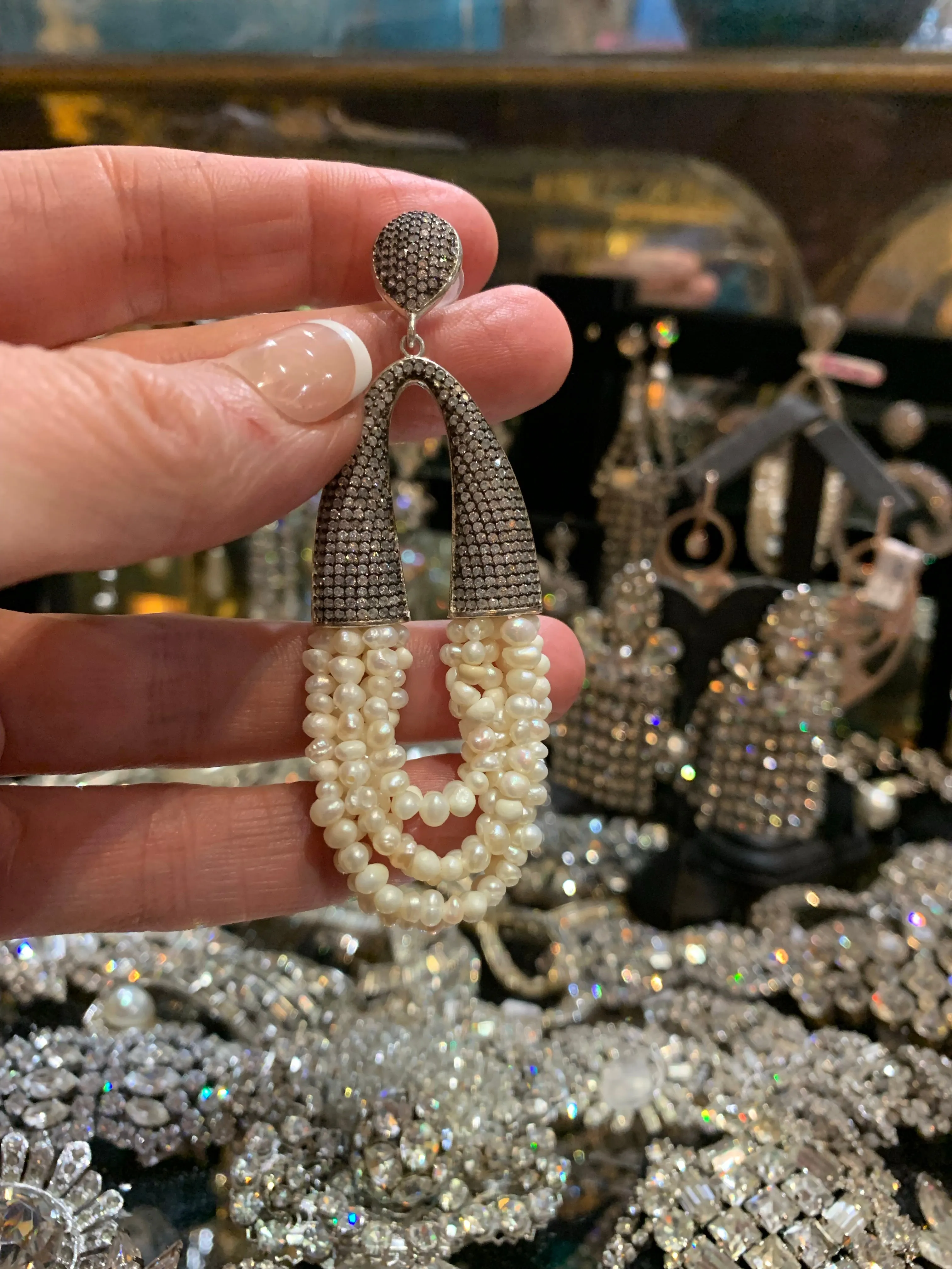 waterfall pearl and clear crystal pave earrings