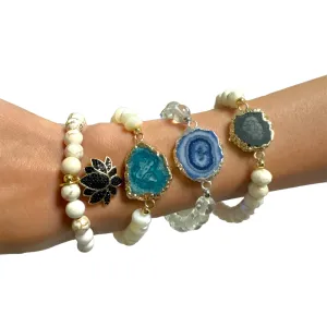 White druzy and charm beaded bracelet stack