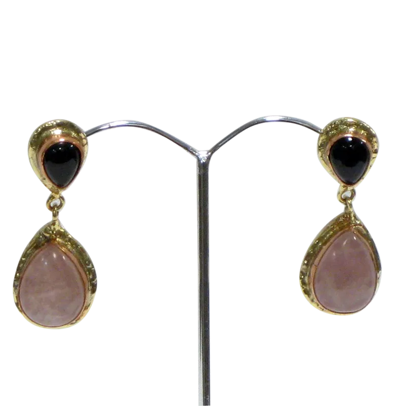White Metal Rose Quartz & Black Onyx Earrings