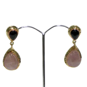 White Metal Rose Quartz & Black Onyx Earrings