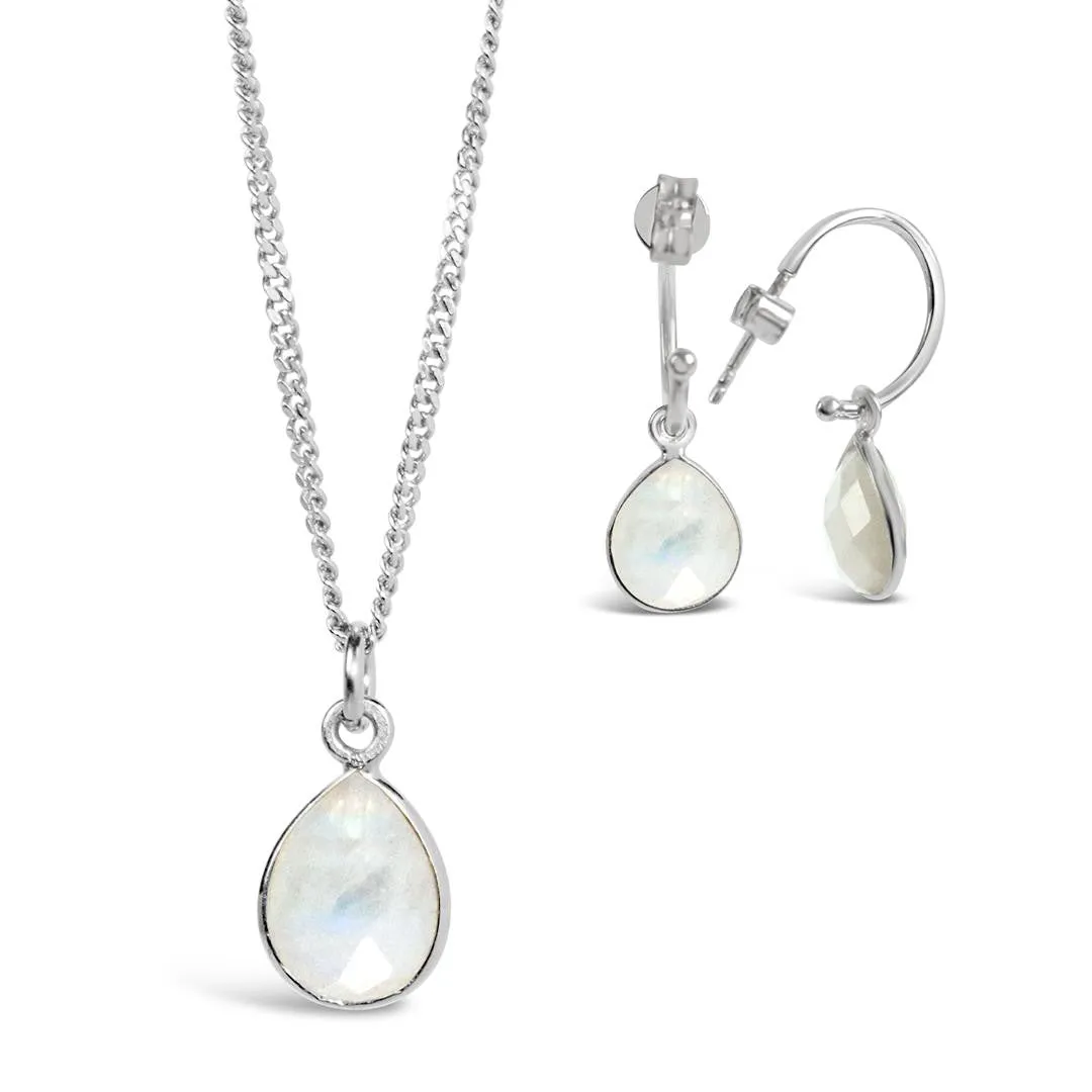 White Quartz Drop Hoop Earrings | Silver - April